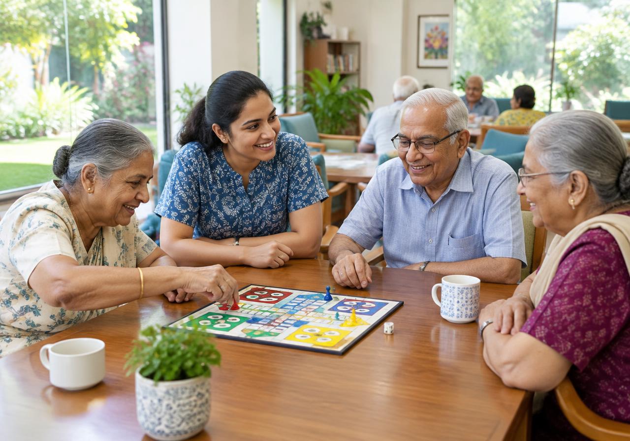 Older adults enjoying activities together in an illustrative Indian senior center